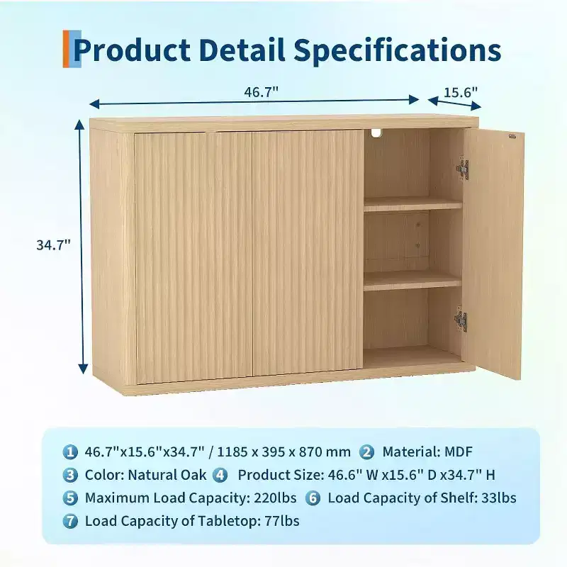 Fluted 3-Door Buffet Cabinet, Multi-Function Home Coffee Bar with Adjustable Shelves for Dining Room and Living Room