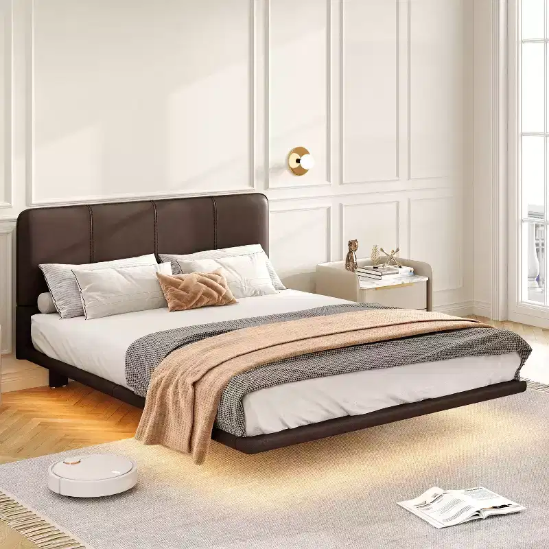Okak Queen/Full Bedroom Floating Bed Frame with PU Leather Headboard & LED Light,Modern Platform Bed No Box Spring Needed