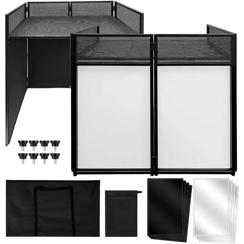 Portable DJ Facade Booth, Foldable DJ Table Station With Lighting Scrim,Stand Booth With Adjustable DJ Event Facade Feet for Party, Black Metal Frame
