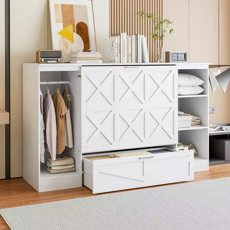 Twin Size Murphy Bed with Drawers and Wardrobe,Space-Saving Murphy Bed Twin with Drawer,Cabinet Murphy Bed, Foldable Bed Murphy Bed Chest White