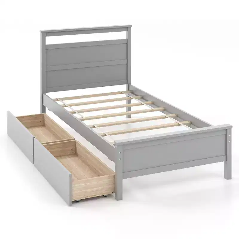 Twin Size Platform Bed with Drawers, Headboard & Footboard, Gray