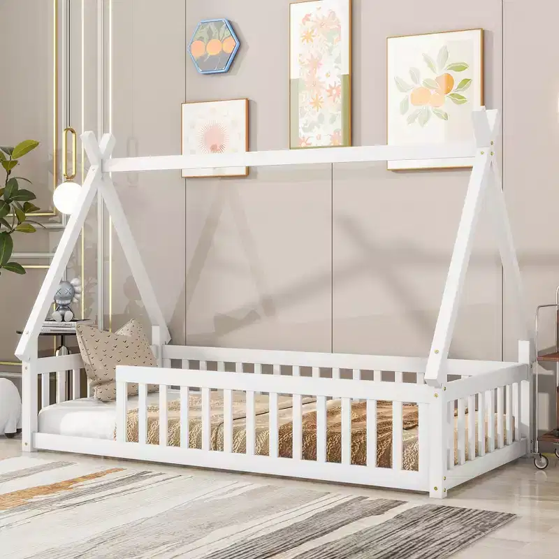 Twin Tent-shaped Floor Bed with Safety Guardrails White