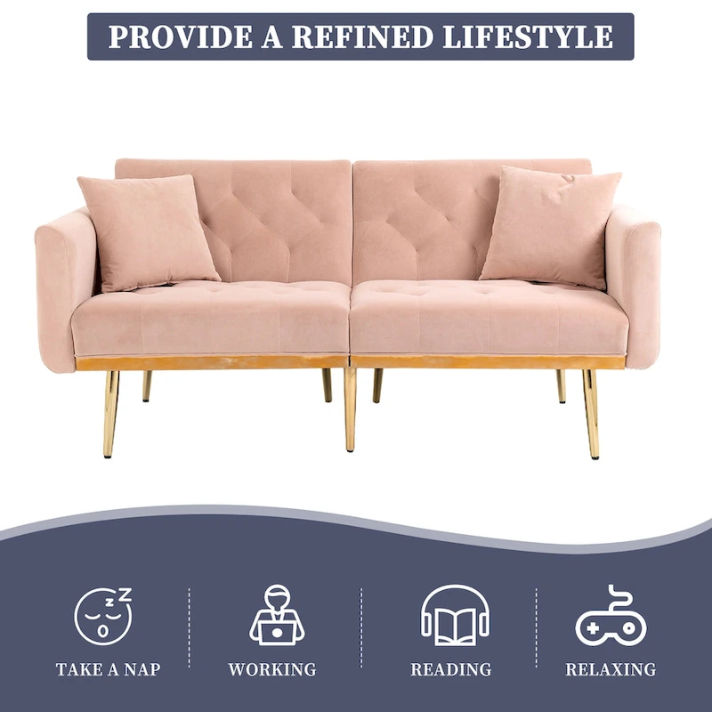 Velvet Upholstered Tufted Loveseats Sleeper Sofa With Rose Golden Legs