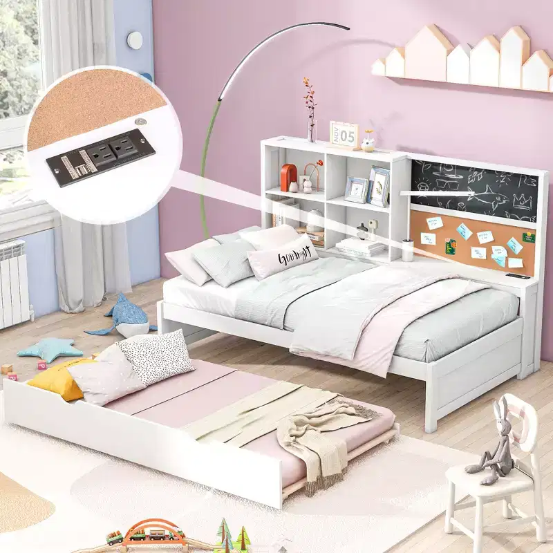 Twin Size Daybed with Trundle and Storage Shelves, Wood Platform Bed with Charging Station, USB Port, Blackboard and Cork Board, White