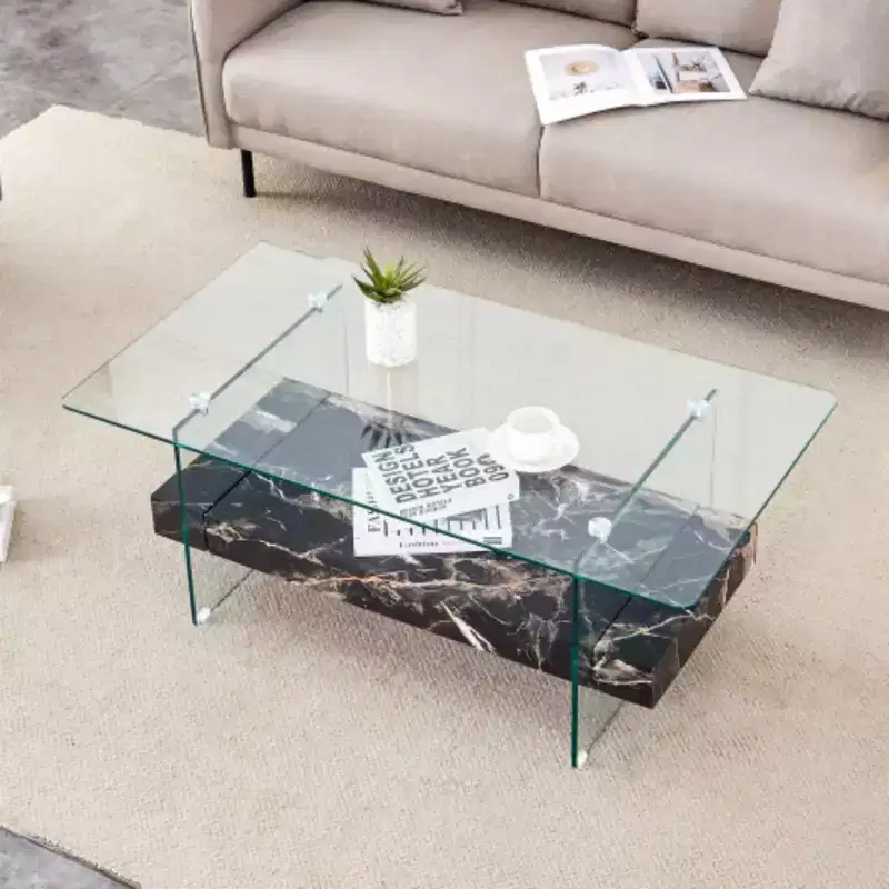 Two-Tier Coffee Table - Modern Design, 43.3 Inches, Clear Glass and Black Marble