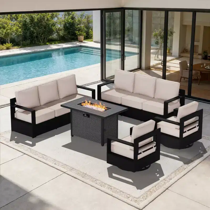 UPTIOT Outdoor Sectional Set with 2 Sofas, 2 Swivel Chairs & 2-in-1 Propane Fire Pit