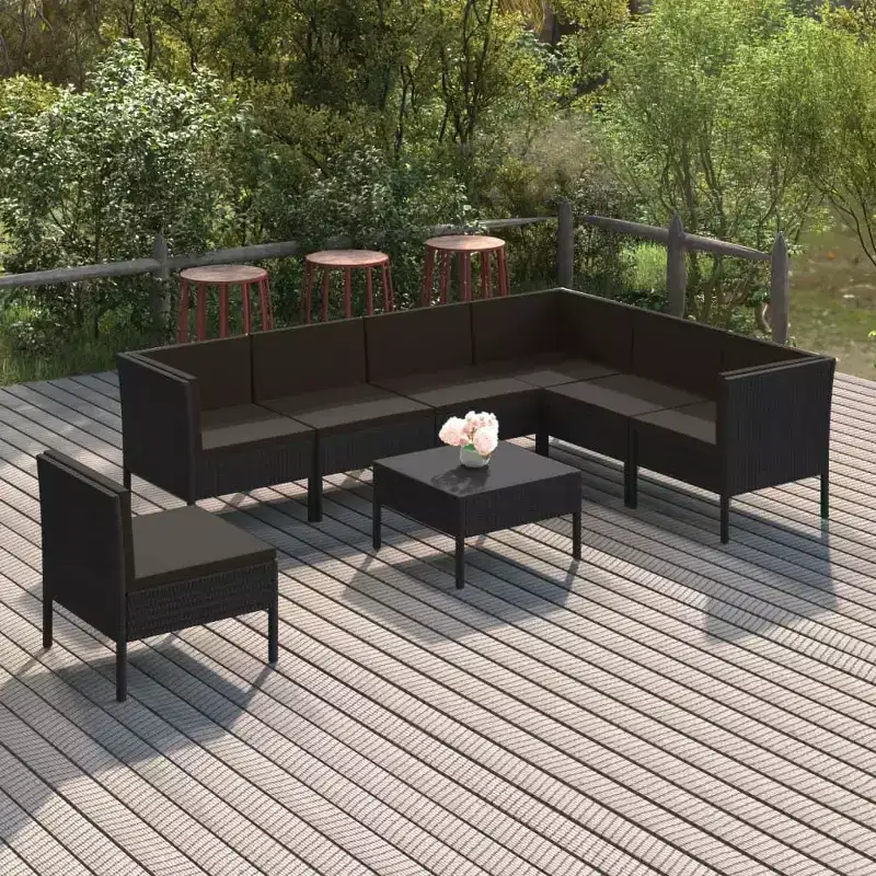 vidaXL Patio Lounge Set - 8 Piece Black Poly Rattan Garden Furniture with Cushions - Weather-Resistant, Sturdy, and Comfortable Modular Design