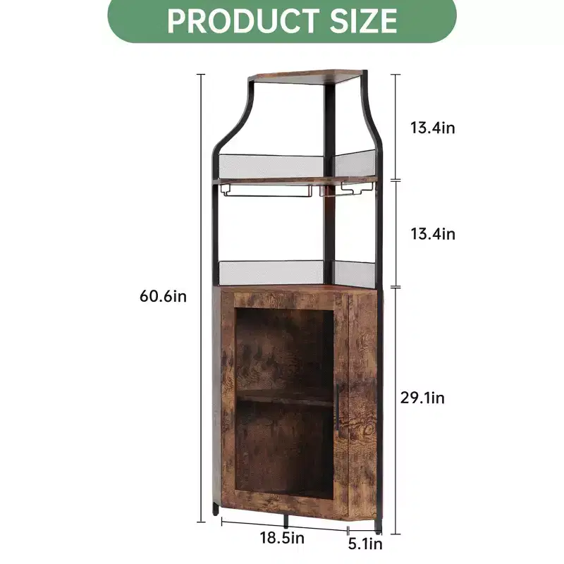 Industrial Corner Bar Cabinet with Lights,5-Tier Storage, Removable Glass & Wine Rack, Adjustable Shelves,Space-Saving Liquor Sideboard