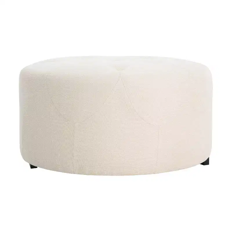 Round Button Tufted Ottoman, PU/Linen Upholstered Footstool with Birch Wood Legs