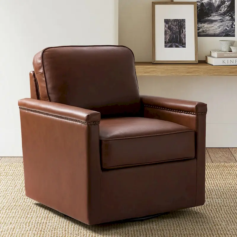 Rita Classic Genuine Leather Swivel Armchair With Nailhead Trims By HULALA HOME
