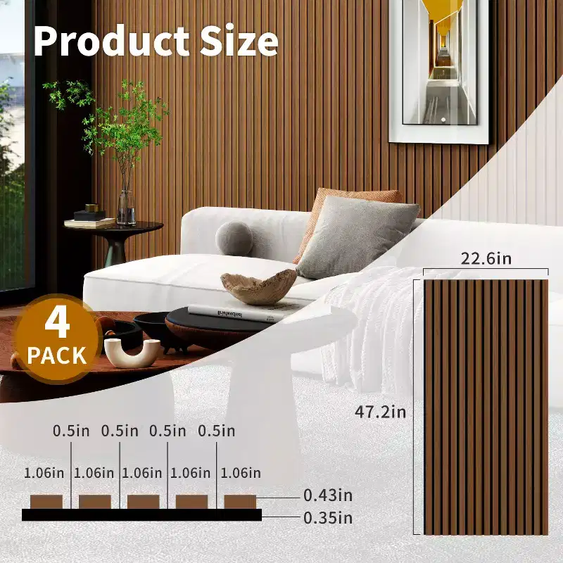 Dyonery Wood Slat Wall Panels - 4 Pack, 47.2422.63 3D Fluted Acoustic Panels, Soundproof Wall Decor for Home & Office, Dark Walnut