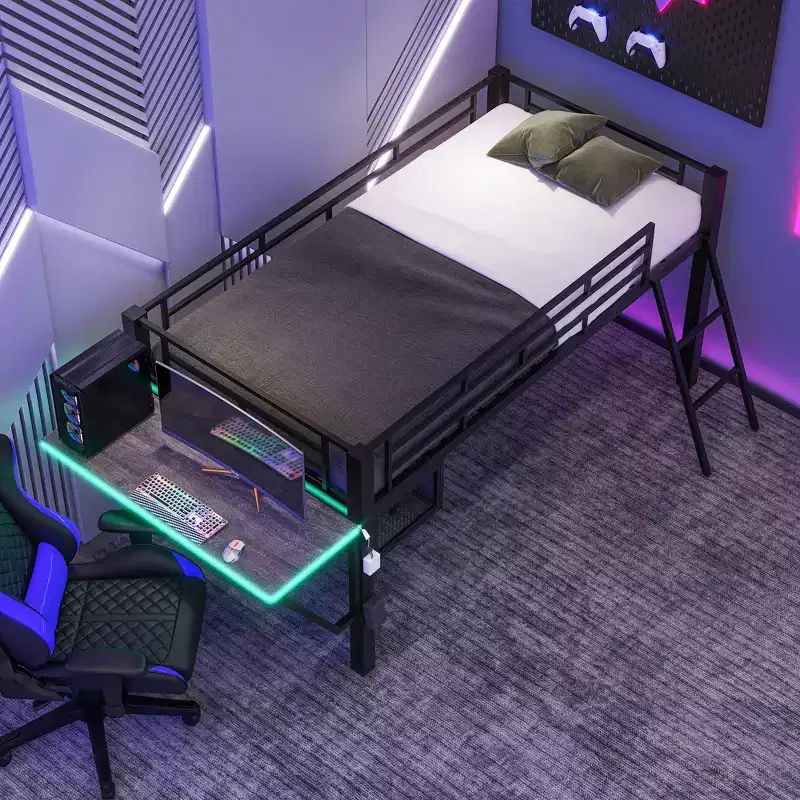Full/Twin Size Metal Gaming Loft Bed with Desk, Storage Shelves and LED Light, Black