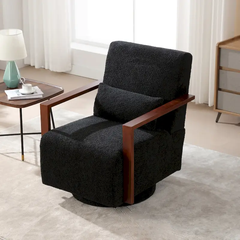 Mid-Century Boucle Upholstered Swivel Armchair With Pillow