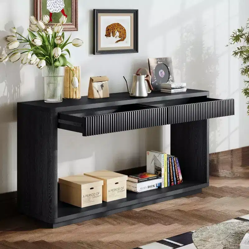 60 Farmhouse Entryway Console Table with 2 Fluted Drawers and Shelf, Wood Veneer Hallway Table for Living Room - Panipeachy