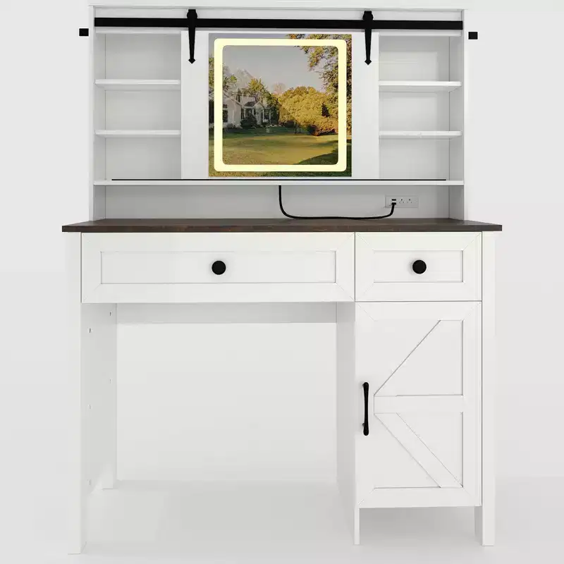Vanity Desk with LED Lighted Mirror and Power Outlet, Makeup Table with 3 Drawers and Cabinet, Dressing Table with Shelves for Bedroom, White