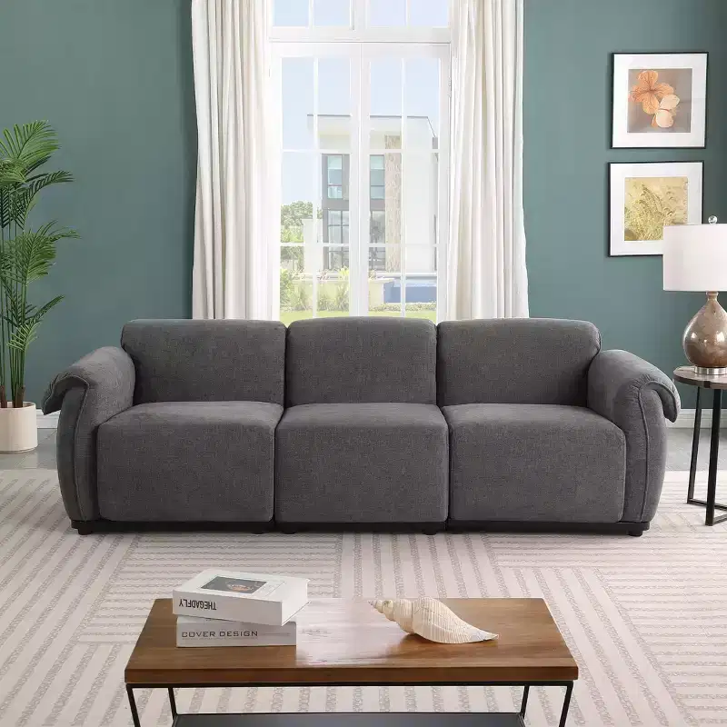 GDFStudio Khalid Modern 93 3-Seater Wood and Iron Chenille Upholstered Sectional Sofa with Split Backrest