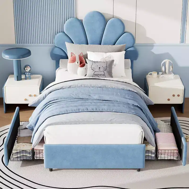 Double-sized upholstered bed frame with 2 storage drawers and an adjustable petal-shaped headboard, made of soft velvet, no spring mattress required.