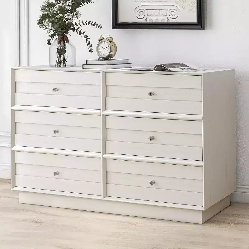 Heynemo 6 Drawer Dresser, Modern Closet Dressers with Crystal Knobs & Painted Strip, for Bedroom Living Room Hallway Closet