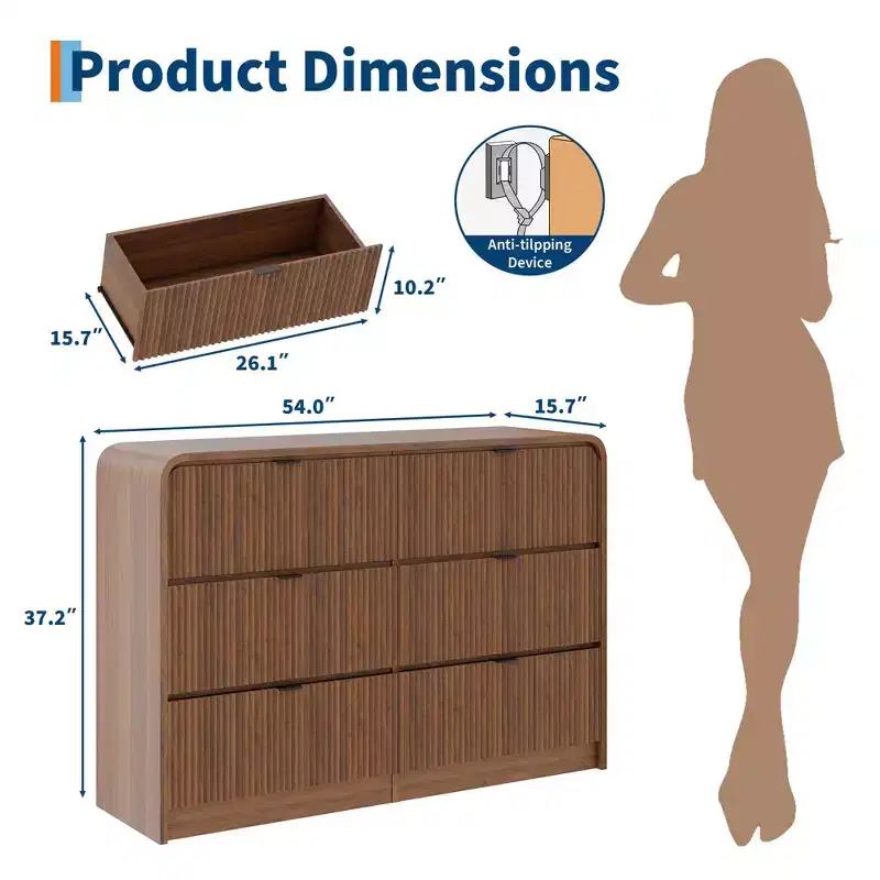 Fluted 8 Drawer Wide Dresser with Rounded Edges, Modern Chest of Drawers, Versatile Storage for Bedroom, Living Room and Hallway