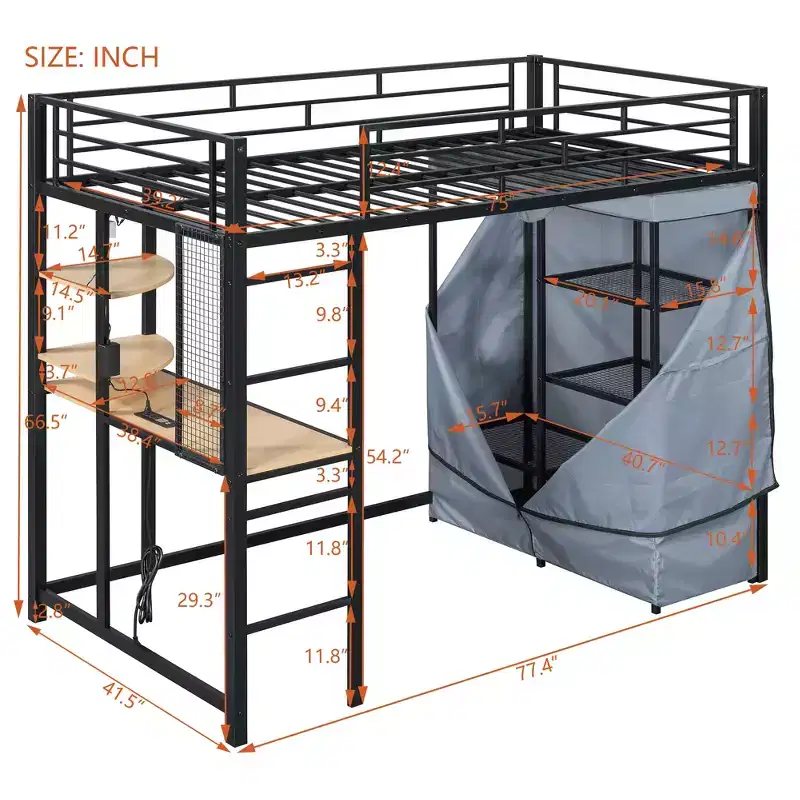 Metal Loft Bed with Wardrobe, Desk, Shelves, Power Outlet and LED Light