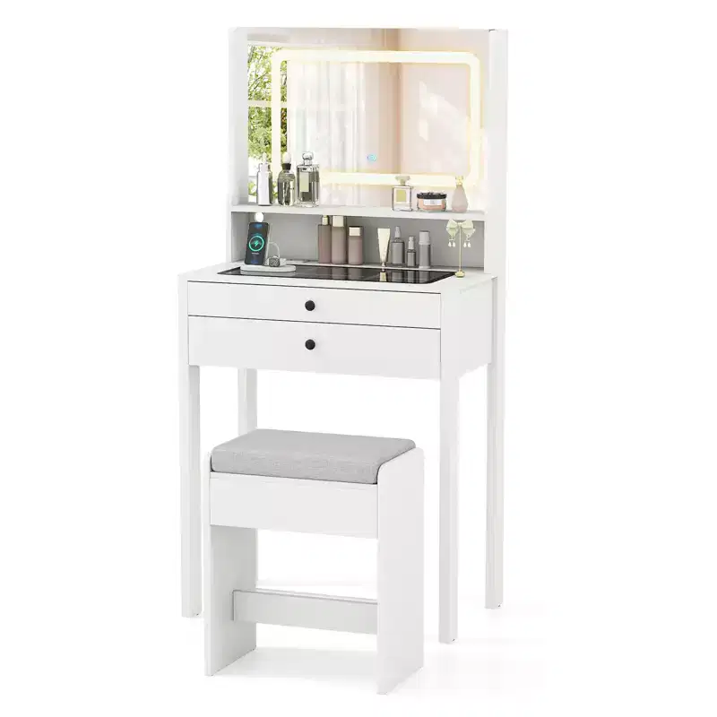Costway Small Vanity Desk w/Mirror Lights Charging Station Glass Top Drawers Shelf