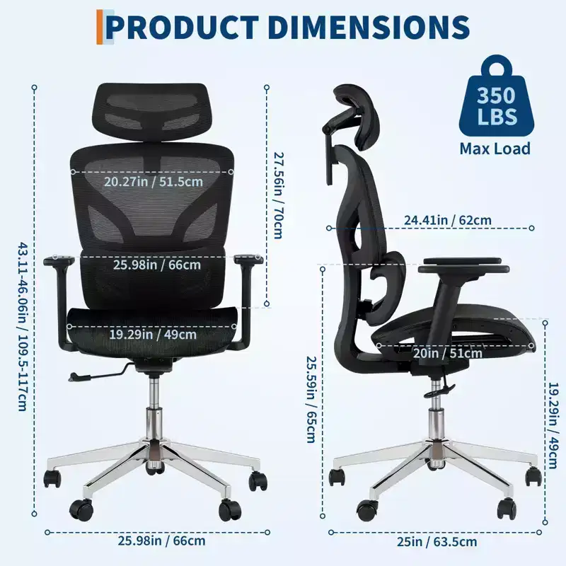 Mesh Ergonomic Office Chair with 4D Armrests Dynamic Lumbar High Back Recline Slide Seat Headrest Silent Wheels for Home Study Gaming