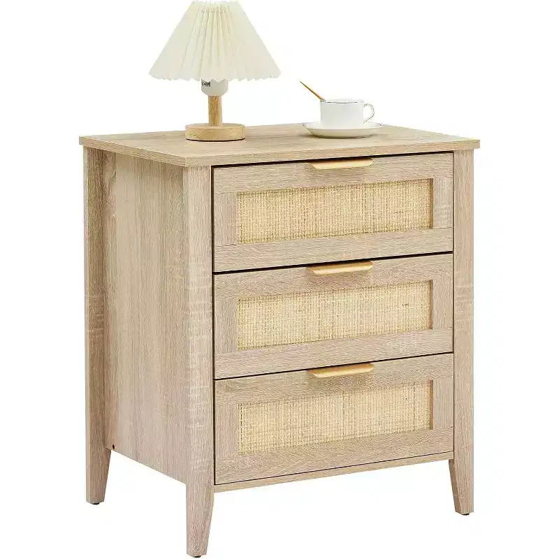 Rattan Nightstand 21.7L x 15.7W x 25H Oak Finish with 3 Natural Rattan Drawers, Solid Wood Legs, Boho Bedside Table for Bedroom & Living Room
