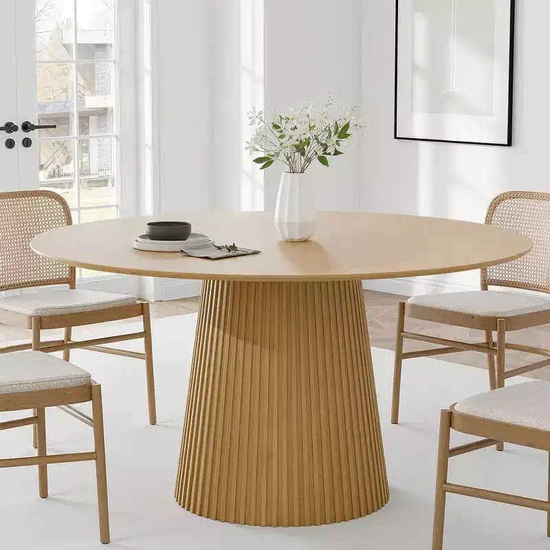 PexFix 52 Round Dining Table for 6 People Modern Pedestal Table with Fluted Cone Base & Wood MDF Top for Small Space Kitchen Dining Room Cafe Natural