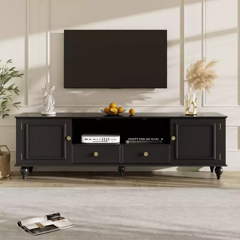 Modern TV Stand with Open Compartment 2 Drawers 2 Cabinets and 5 Solid Legs for Living Room Black