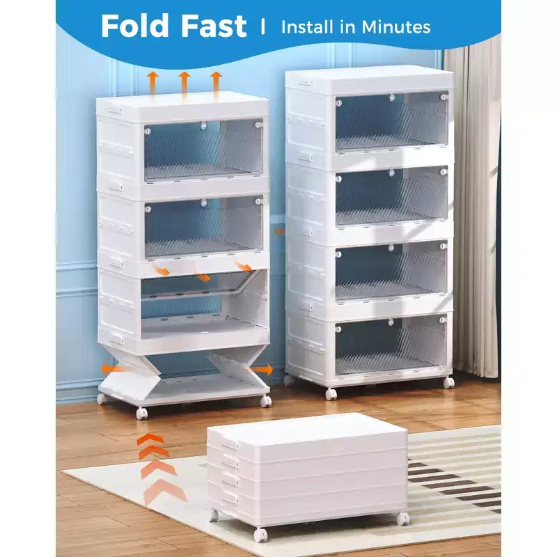 4-Tier 88 qt. Collapsible Storage Bins Stackable Plastic Organizers in White