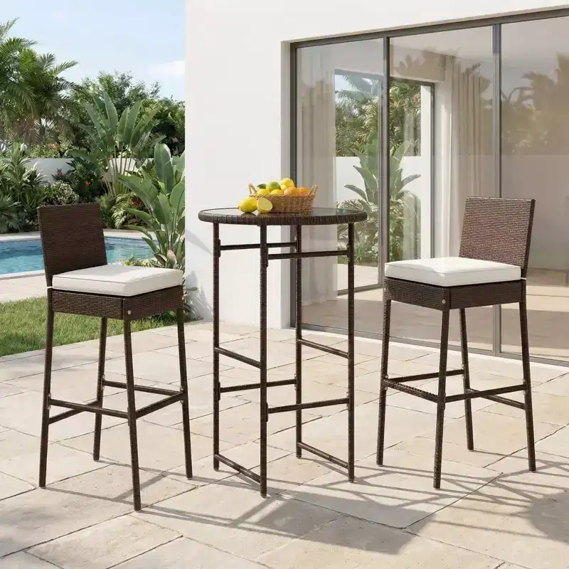 Gymax Bar Stools and Ensemble 3-Piece Outdoor Bar Set w/ 2 Cushioned Seats Patio Metal Chairs Bar Height Table with Glass Tabletop