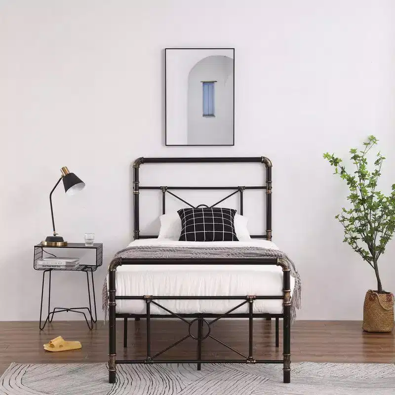 Twin Size Modern Water Pipe Iron Bed Frame with Cross Design