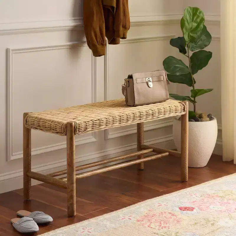 Enrique Bench with Rattan Weaving - BCH6500 - Beige - Safavieh