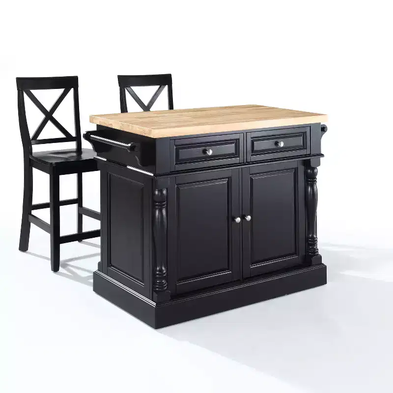 Crosley Oxford Kitchen Island with 2 X-Back Stools Black: Traditional Style, Towel Bar, 4 Shelves, 2 Drawers