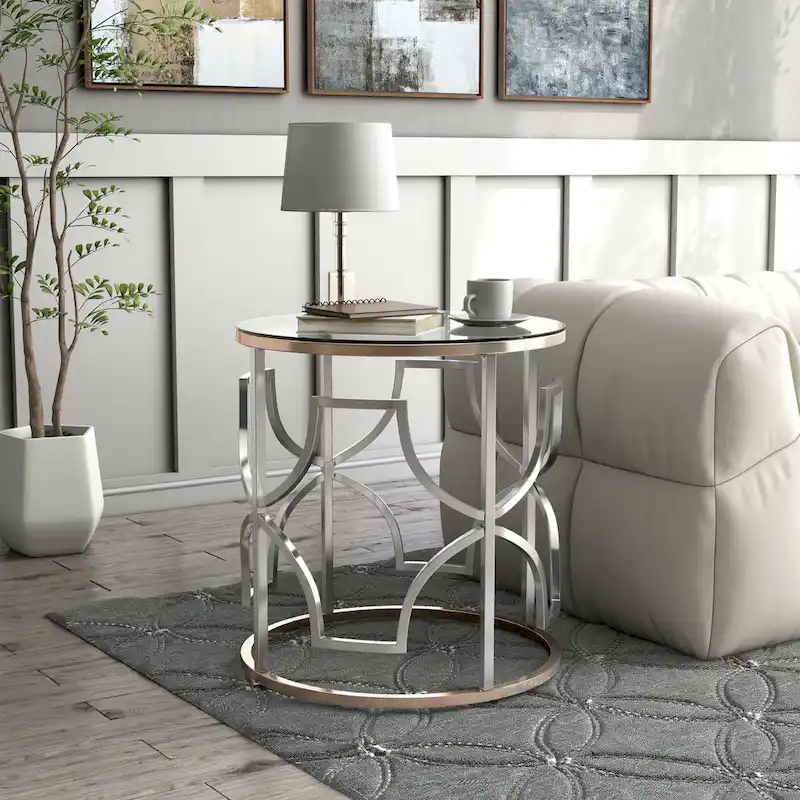 Modern Chrome & Gold Round Open End Table – 5mm Tempered Glass Top, Living Room Accent