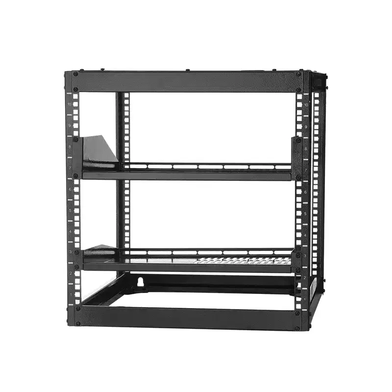 10U Open Frame Network Rack, 23 in Depth, Wall Mounted or Floor Standing Server Rack, Heavy Duty 4 Post, with Vented Shelves, Black