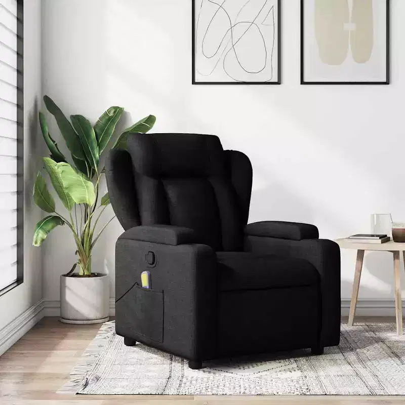 Black Fabric Massage Recliner Chair-Manual Recline-Vibration Massage-Padded Seating-Cup Holders
