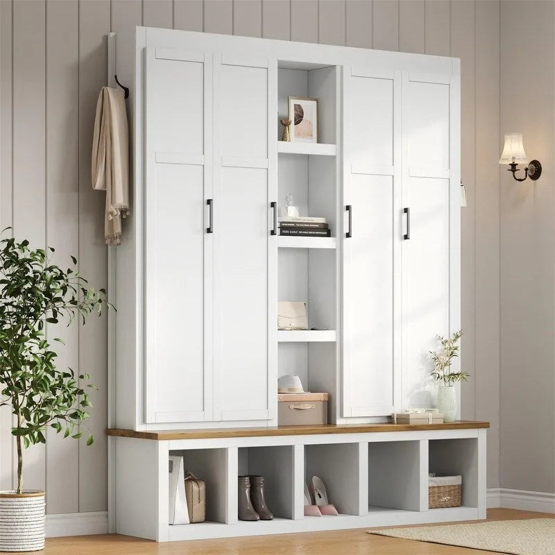 Farmhouse 4-in-1 Hall Tree with Open Display Shelves, Mudroom Shoe Bench with Open Compartments, Entryway Coat Rack with 6 Hooks