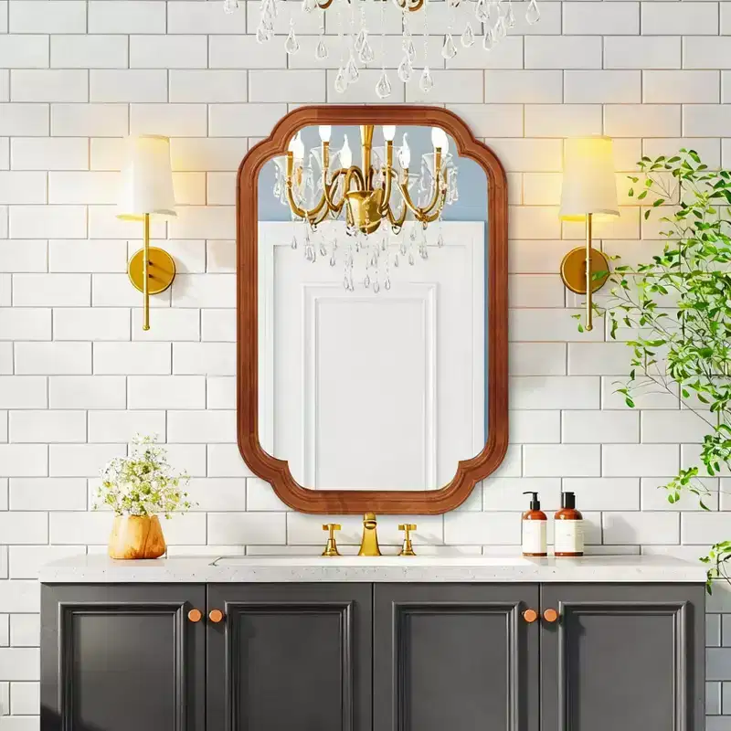 24 x 36 Solid Wood Frame Rounded Corner Decorative Mirror for Bedroom Bathroom Living Room Yellowish Brown