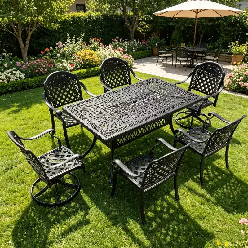 7-Piece Cast Aluminum Patio Dining Set, Rectangular Table with Cushions