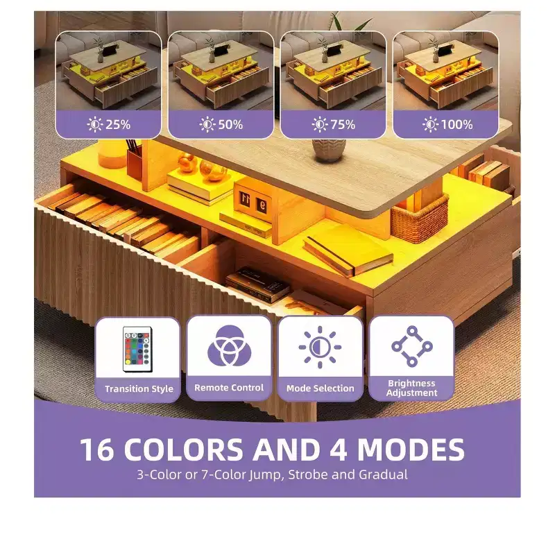 Farmhouse LED Coffee Table with 4 Drawers & Open Compartment, Modern Rectangle Design, Wood Coffee Table