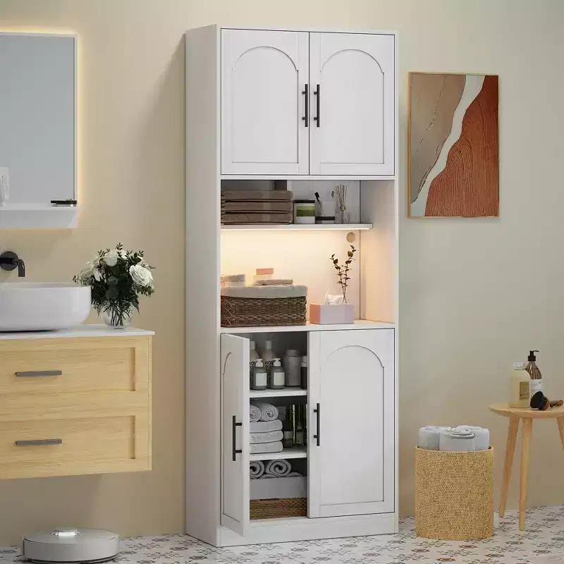 Pantry Cabinet with LED Light, 71 Kitchen Storage Hutch with Microwave Stand for Dining Room and Living Room