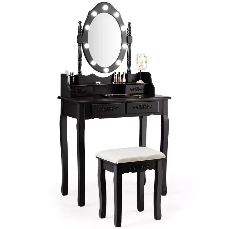 Costway Makeup Vanity Dressing Table Set w/10 Dimmable Bulbs Cushioned Stool
