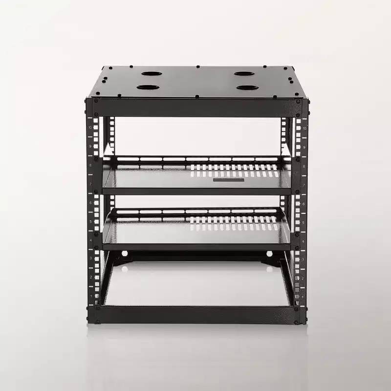 VEVOR 10U Open Frame Network Rack, 23 in Depth, Wall Mounted or Floor Standing Server Rack, Heavy Duty 4 Post, with Vented Shelves, Black
