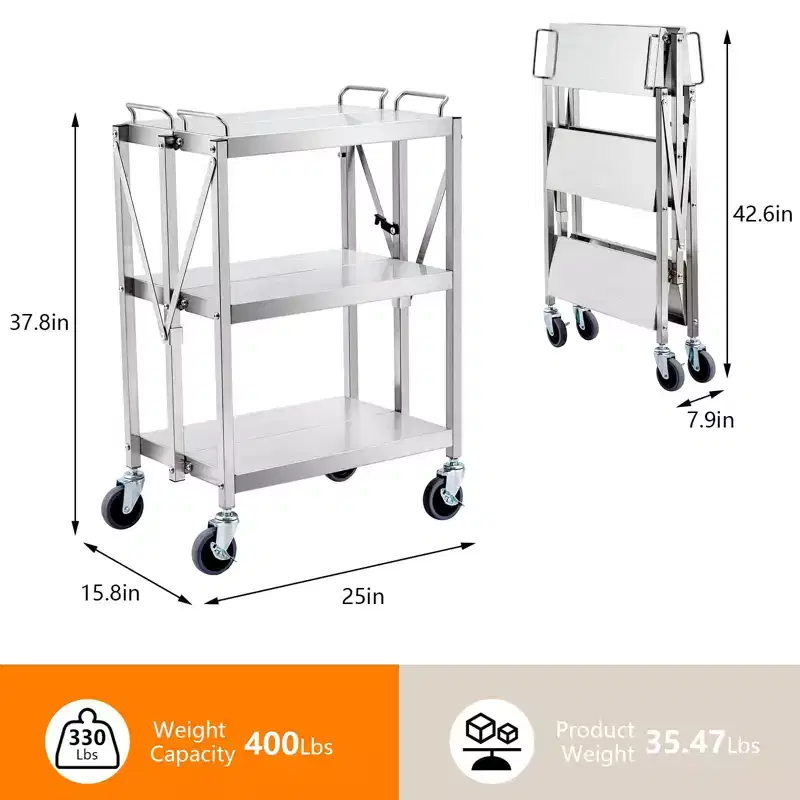 3-Tier Foldable Stainless Steel Utility Cart with Wheels