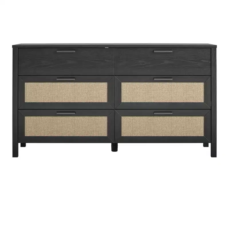 6-Drawer Dresser, Black Oak Finish with Faux Rattan Drawer Fronts, Bedroom Storage