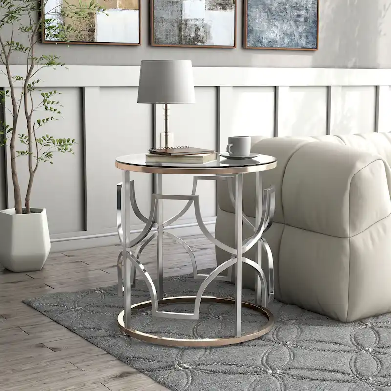 Modern Chrome & Gold Round Open End Table – 5mm Tempered Glass Top, Living Room Accent