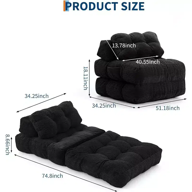 Single Folding Sofa Bed & Sleeper Chair with Pillow, Portable Mattress Support for Living Room, Bedroom, Dorm, Apartment  Black (2pcs)