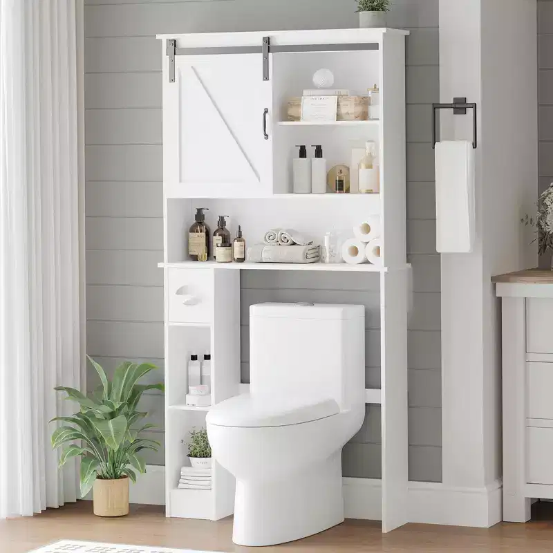 Over-Toilet Storage Cabinet – 2 Sliding Barn Doors, 6 Shelves & Toilet Paper Holder, White