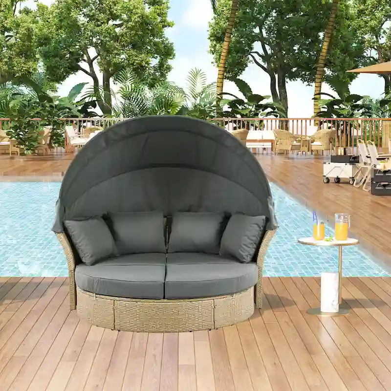 Brown Wicker Rattan Outdoor Day Bed with Gray Cushions and Gray Retractable Canopy